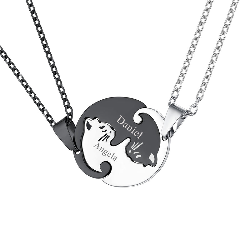 Custom Cat Matching Puzzle Necklace Engraved 2 Names Gift for Couple Girlfriend