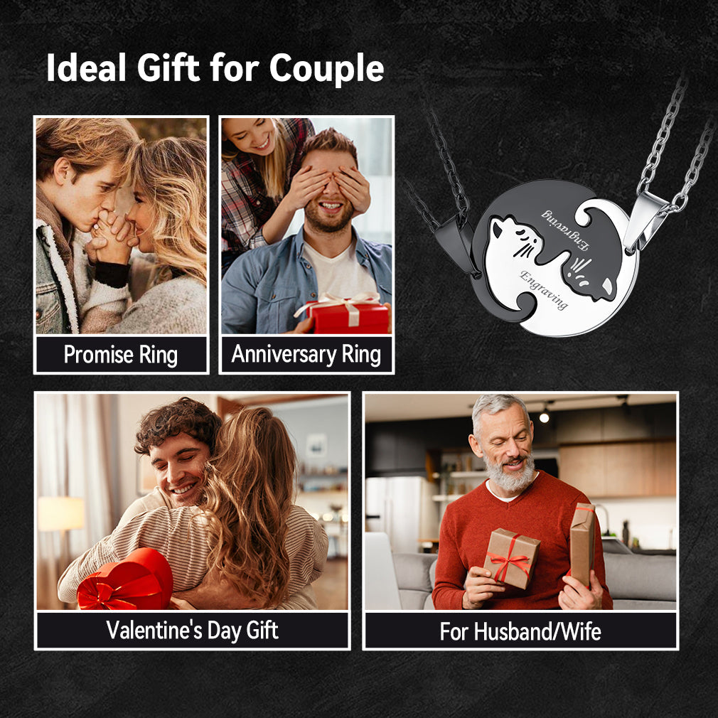 Custom Cat Matching Puzzle Necklace Engraved 2 Names Gift for Couple Girlfriend