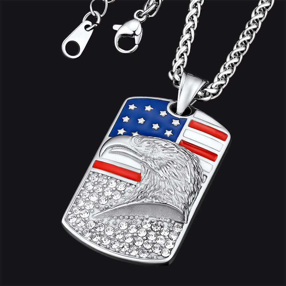 Engraved American Flag Eagle Dog Tag Necklace for