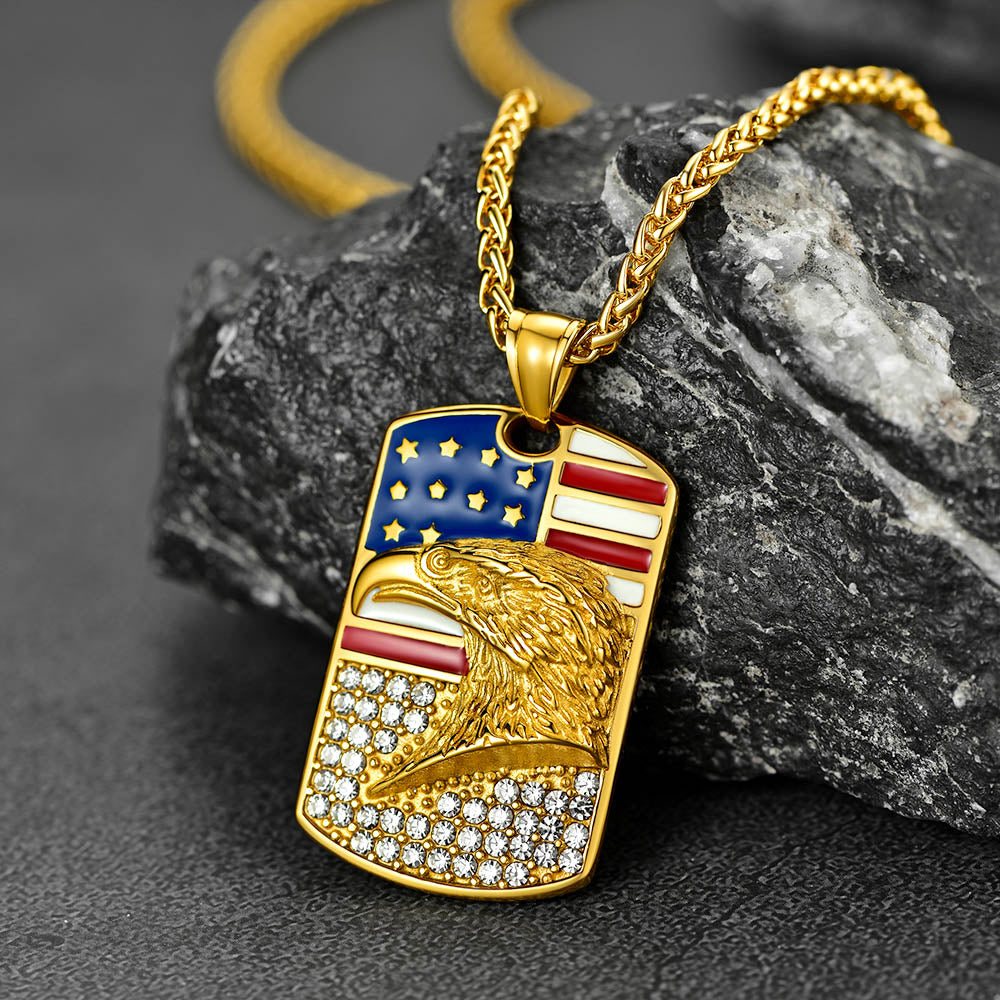 Engraved American Flag Eagle Dog Tag Necklace for