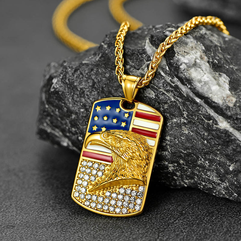 Engraved American Flag Eagle Dog Tag Necklace for