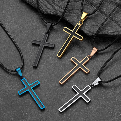 Christian Black Enamel Cross Necklace With Braided Leather Chain for