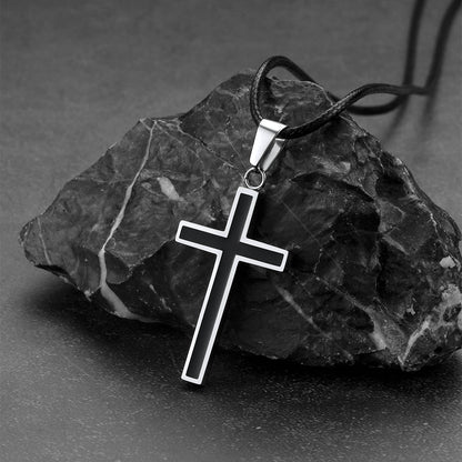 Christian Black Enamel Cross Necklace With Braided Leather Chain for