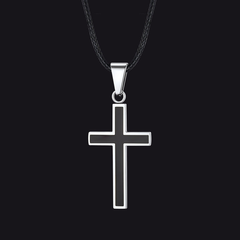 Christian Black Enamel Cross Necklace With Braided Leather Chain for