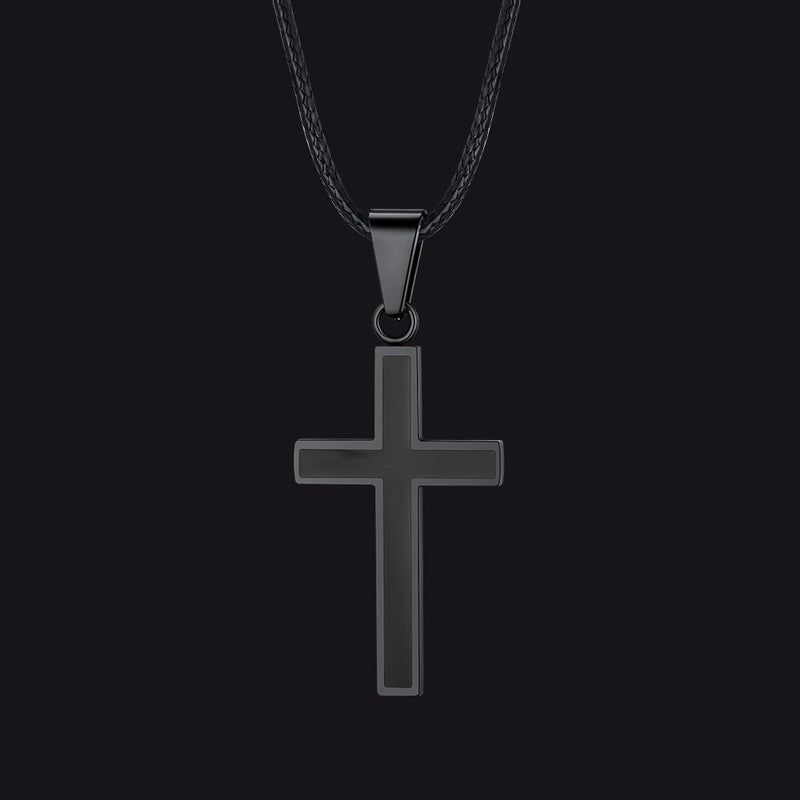 Christian Black Enamel Cross Necklace With Braided Leather Chain for