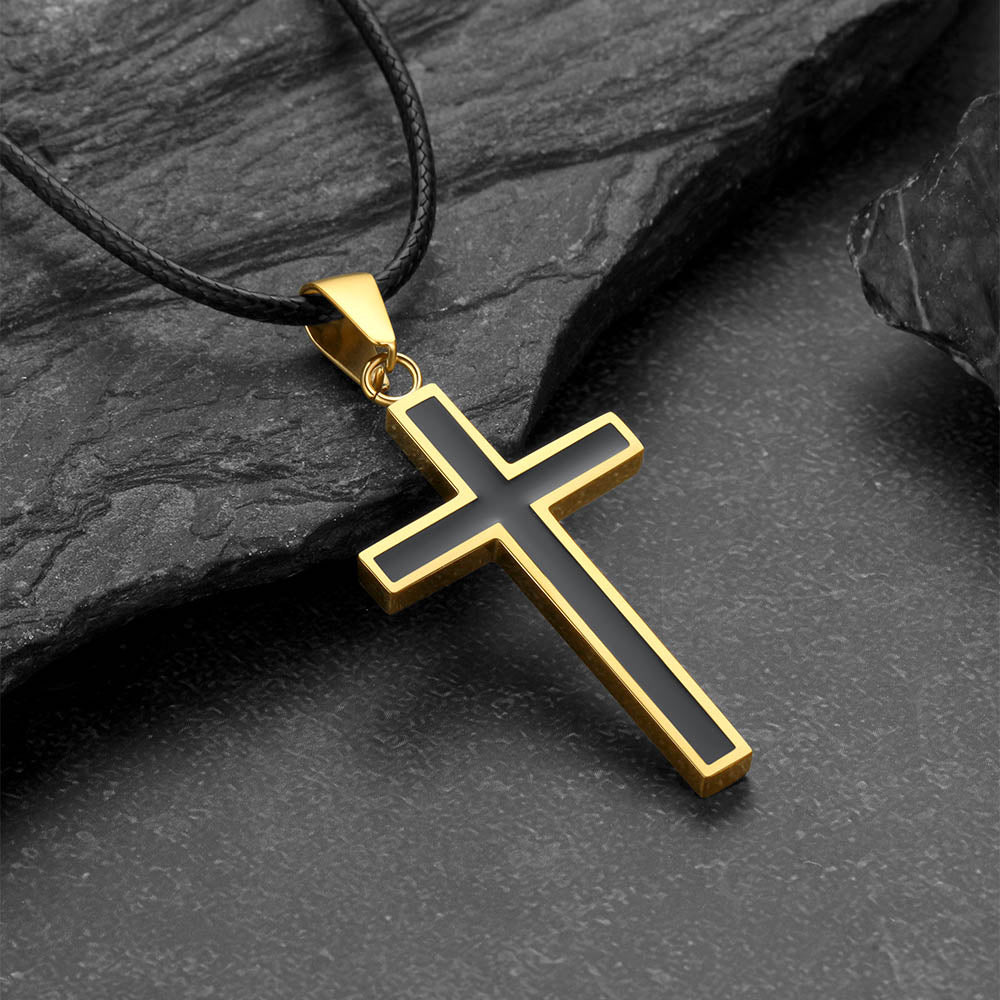 Christian Black Enamel Cross Necklace With Braided Leather Chain for