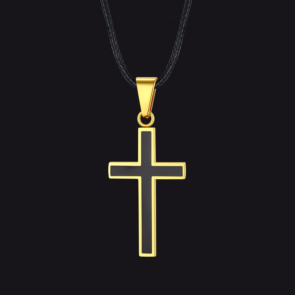 Christian Black Enamel Cross Necklace With Braided Leather Chain for