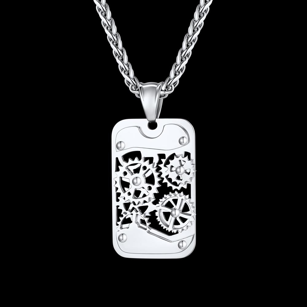 Mechanical Gear Dog Tag Pendant Necklace for