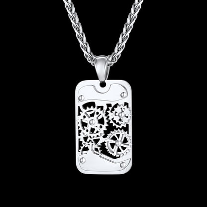 Mechanical Gear Dog Tag Pendant Necklace for