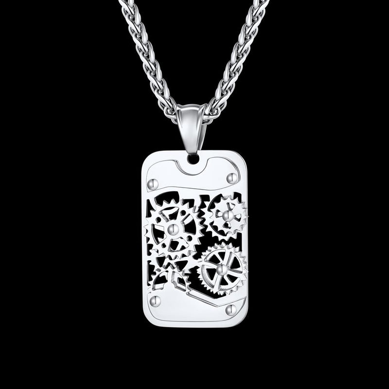 Mechanical Gear Dog Tag Pendant Necklace for