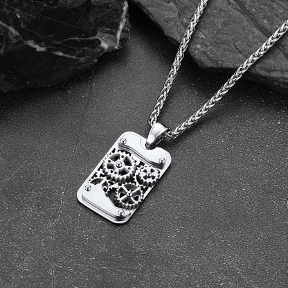 Mechanical Gear Dog Tag Pendant Necklace for