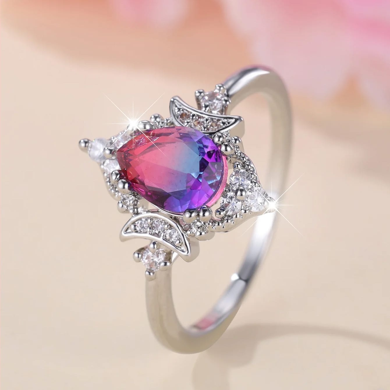 Mystic Triple Moon Goddess Tourmaline Ring