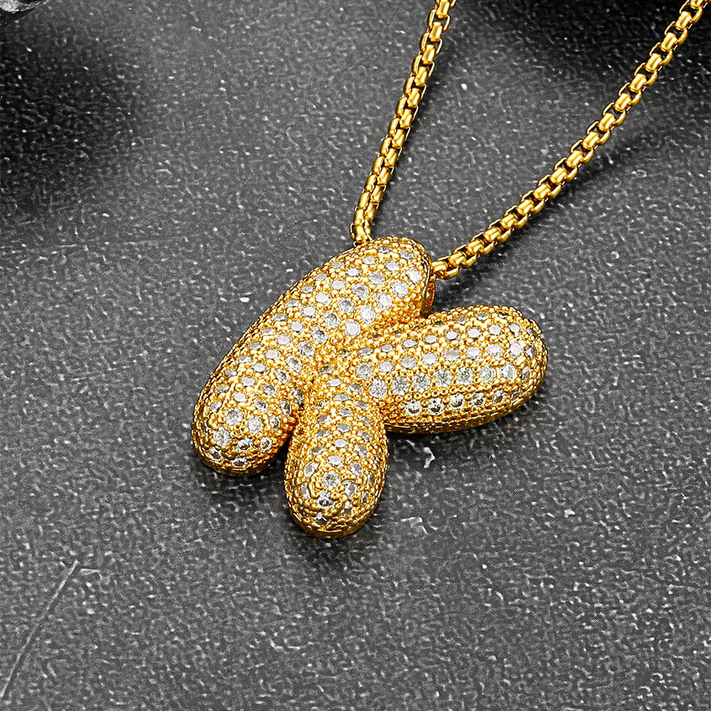 Gold Diamond Bubble Letter Initial Chain Necklace for