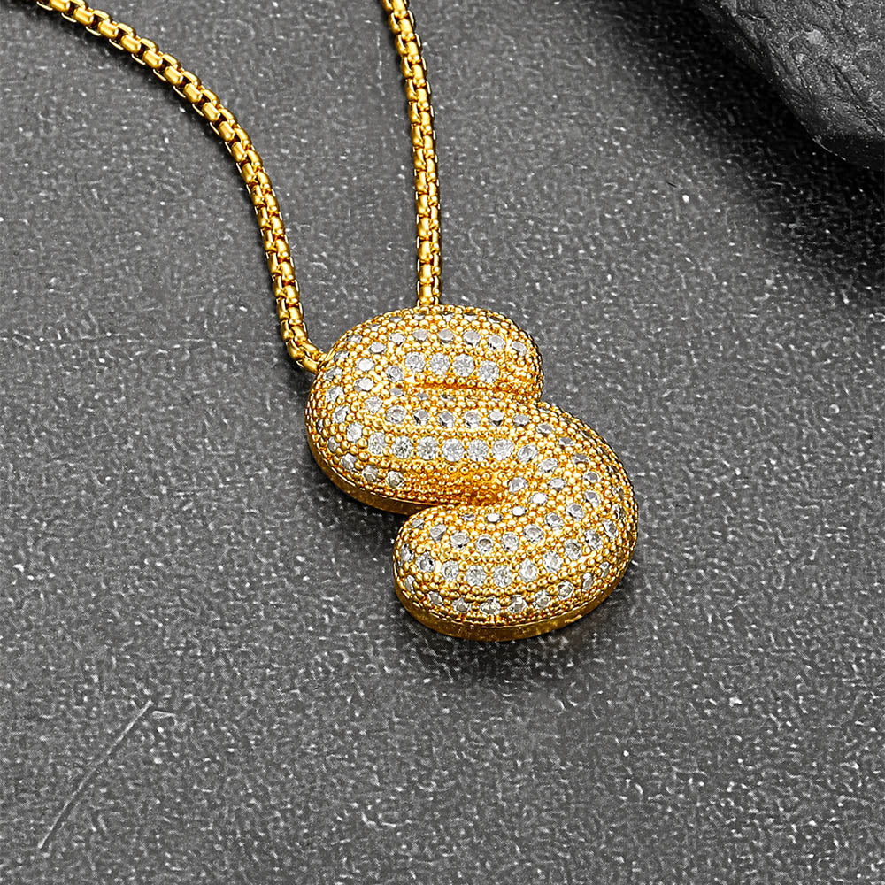 Gold Diamond Bubble Letter Initial Chain Necklace for