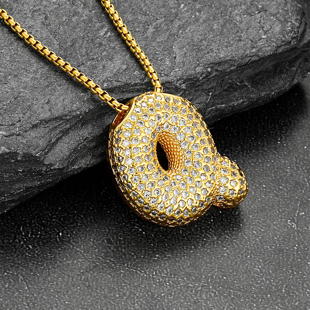 Gold Diamond Bubble Letter Initial Chain Necklace for