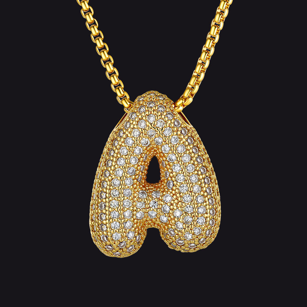 Gold Diamond Bubble Letter Initial Chain Necklace for