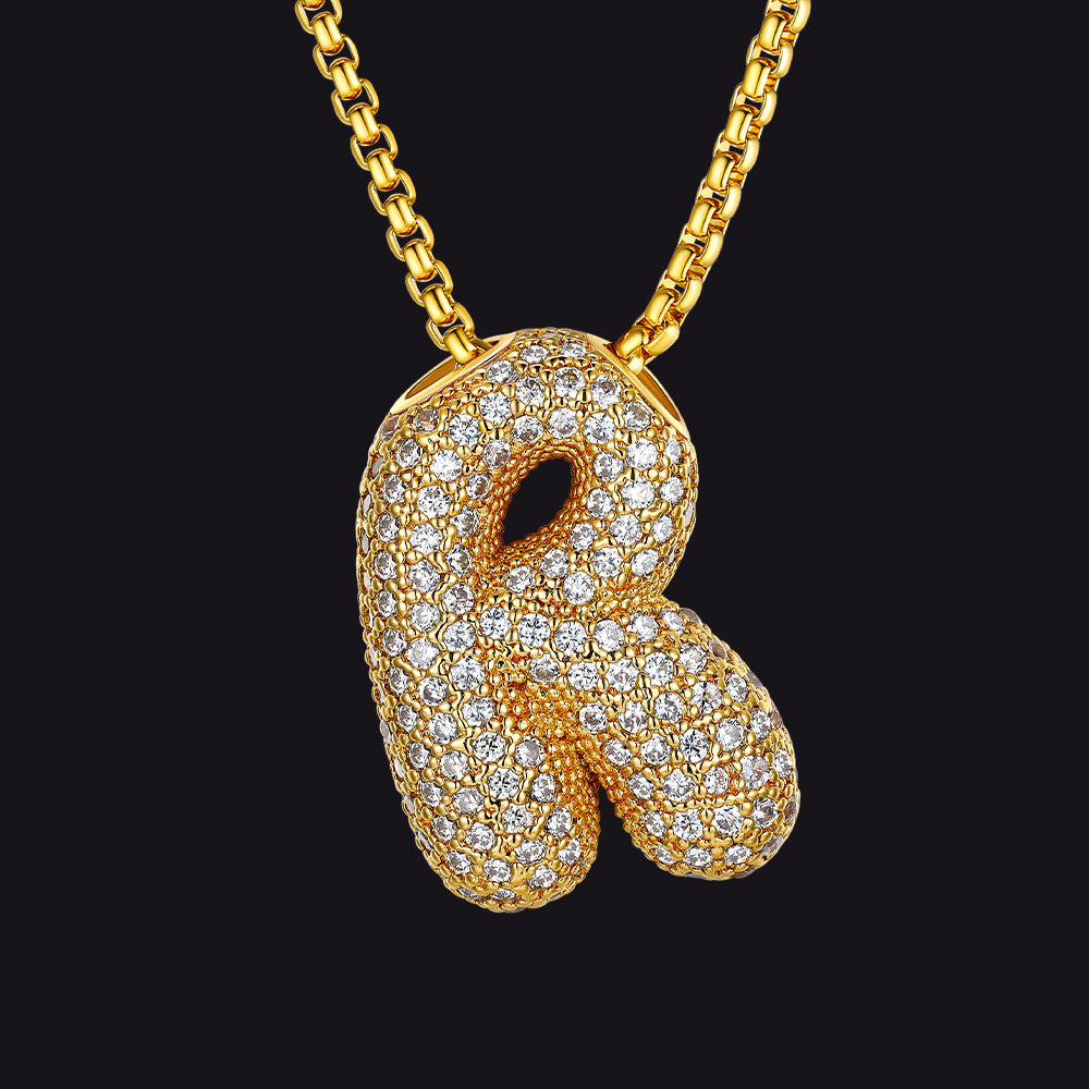 Gold Diamond Bubble Letter Initial Chain Necklace for