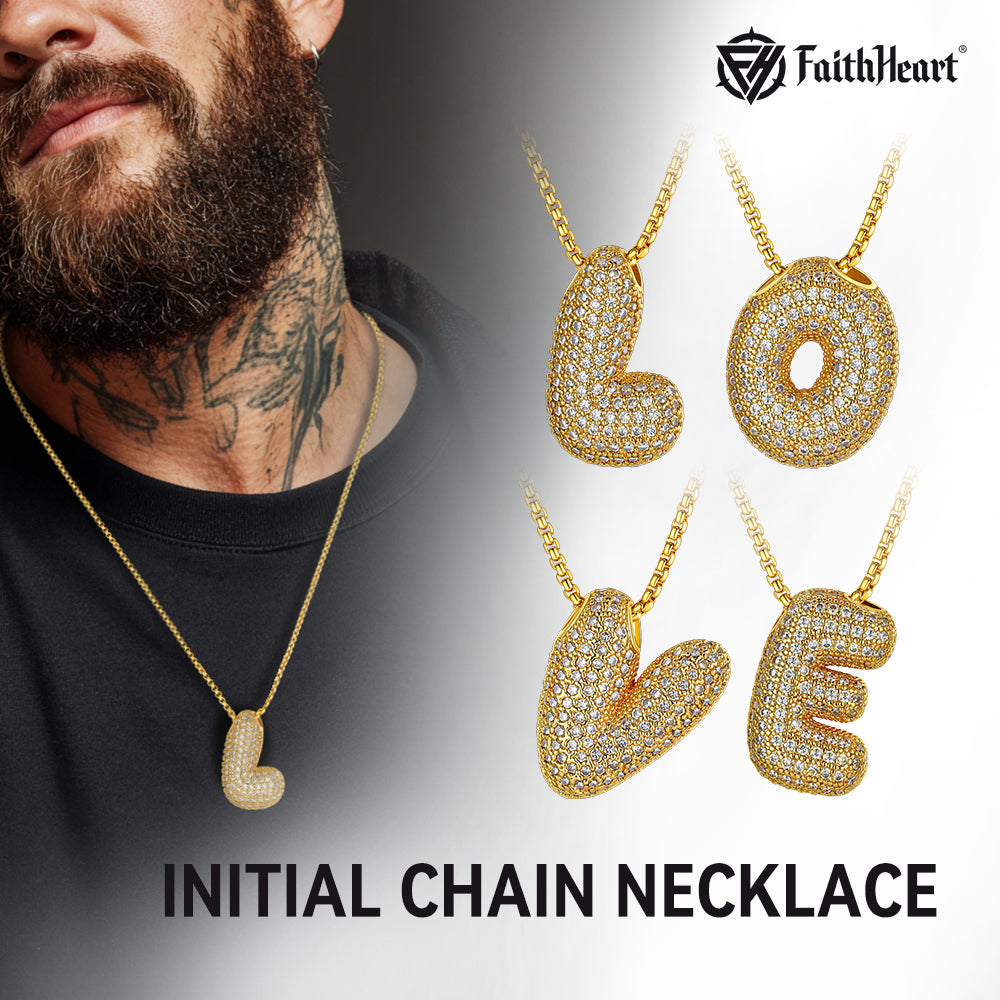 Gold Diamond Bubble Letter Initial Chain Necklace for