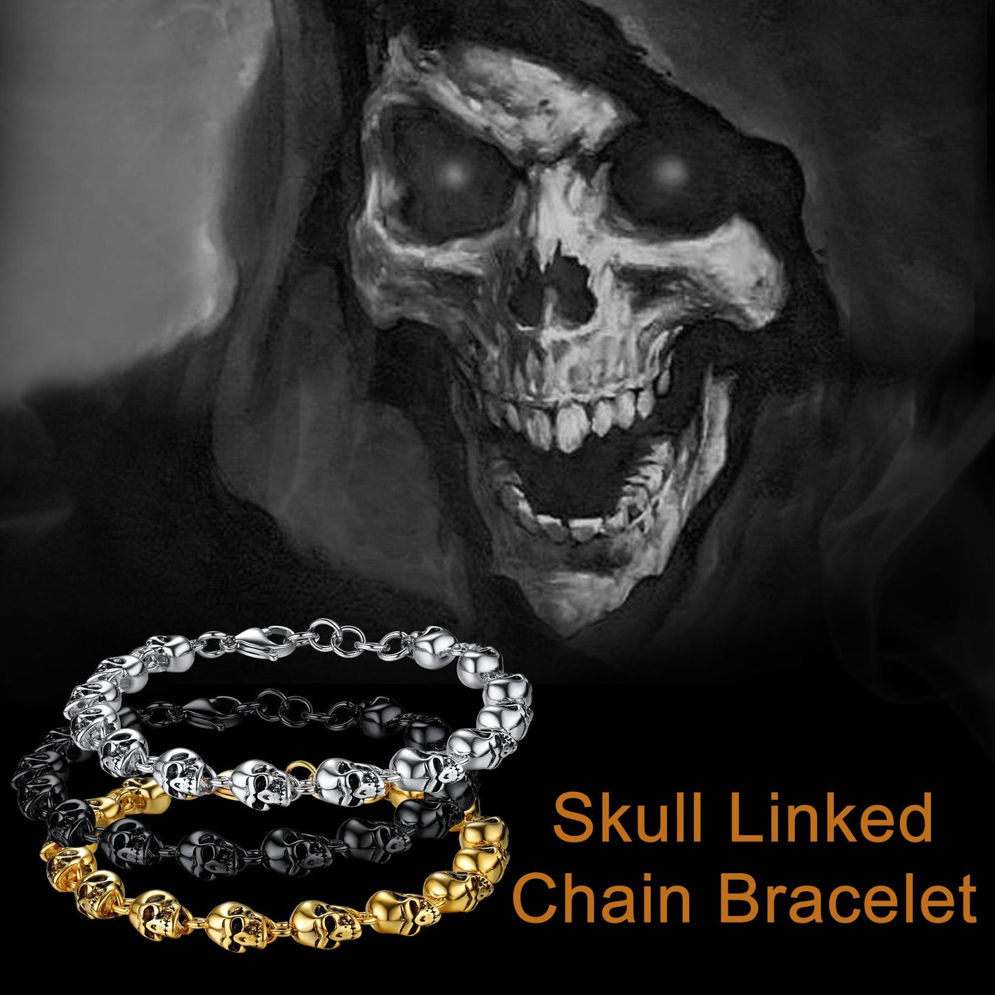 Gothic Linked Chain Skull Bracelet for