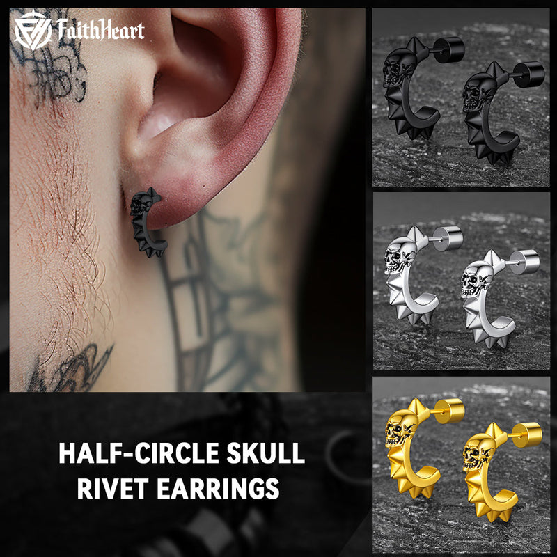 Half-circle Skull Rivet Huggie Stud Earrings for