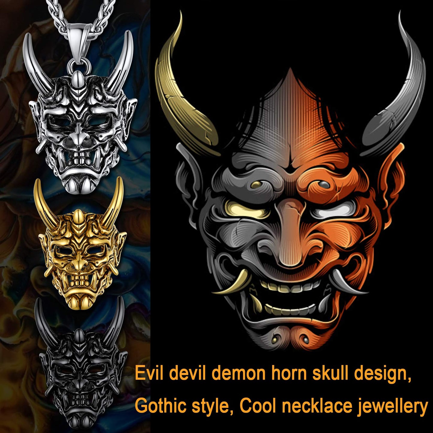 Gothic Evil Hannya Damon Mask Pendant Necklace for