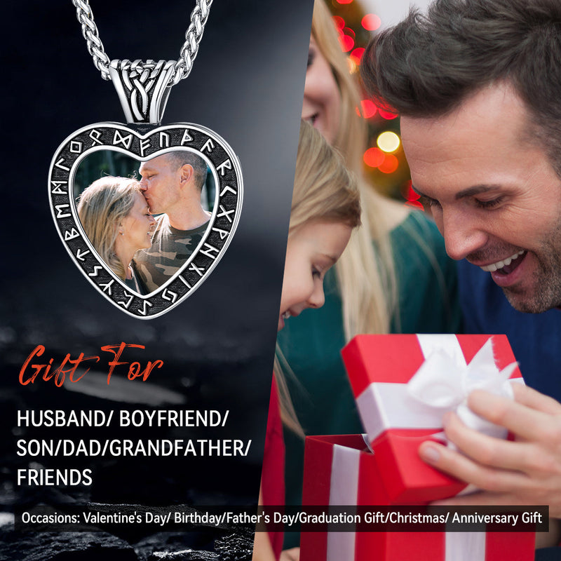 Custom Engraved Photo Heart Necklace With Viking Rune Memorial Gift