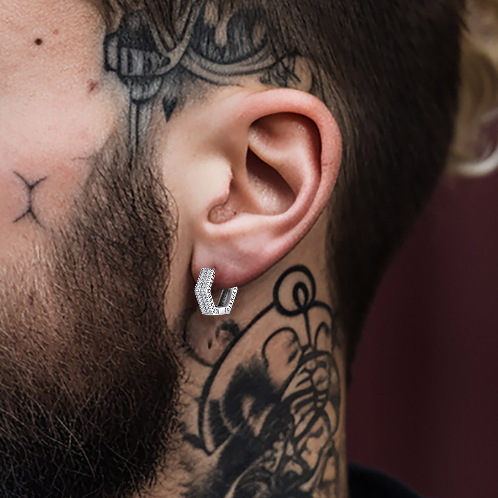 Hexagon Viking Diamond Hoop Earrings With Runes for