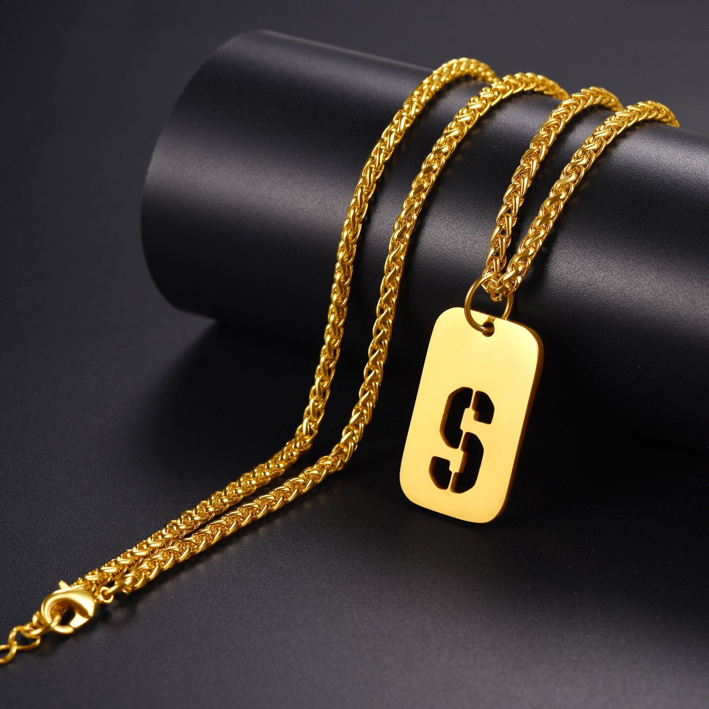 Personalized Hollow Letter Initial Dog Tag Pendant Necklace for