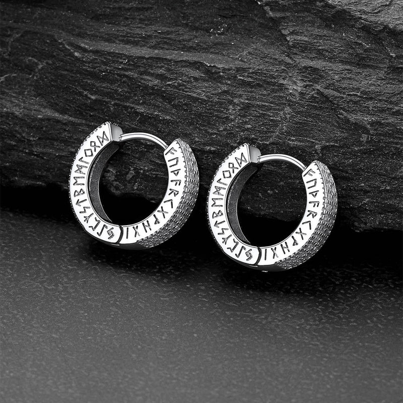 Sterling Silver Diamond Hoop Earrings With Viking Runes for