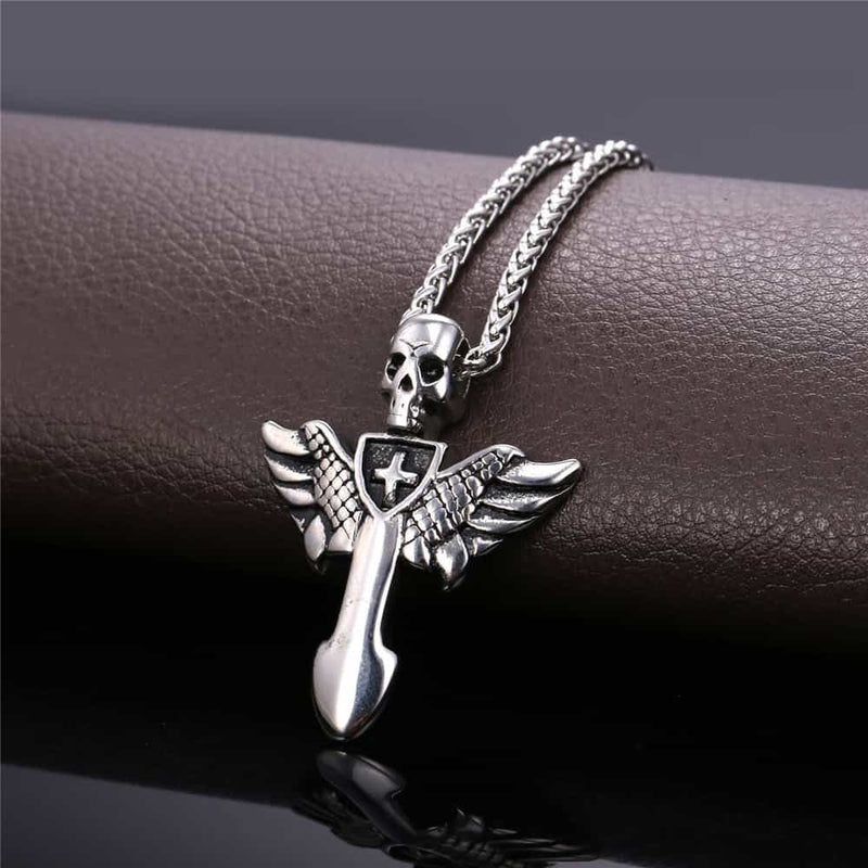 Gothic Skull Cross Necklace With Wing for
