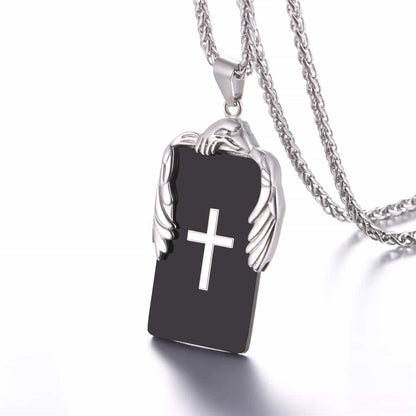 Christian Cross Necklace Dog Tag With Wing