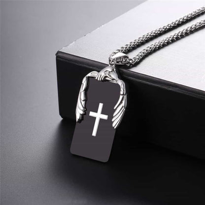Christian Cross Necklace Dog Tag With Wing
