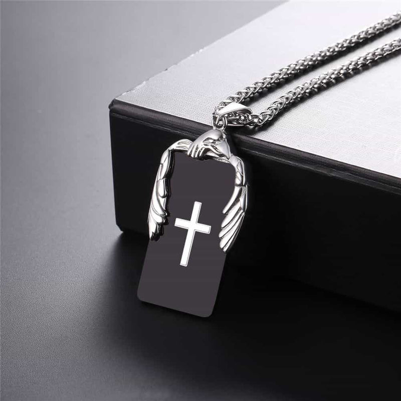 Christian Cross Necklace Dog Tag With Wing