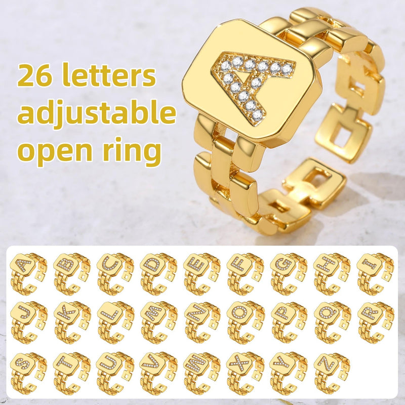 Cubic Zirconia Initial Letter Adjustable Chain Signet Rings for