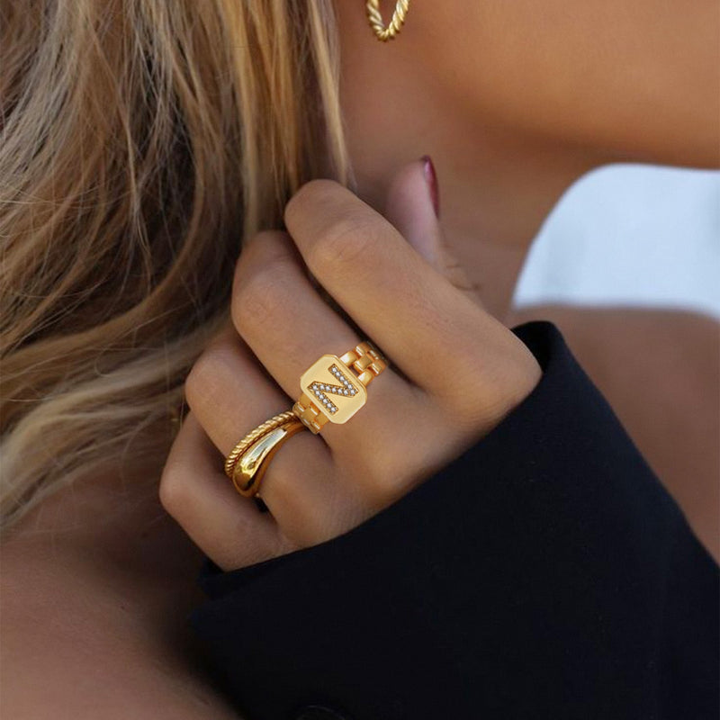 Cubic Zirconia Initial Letter Adjustable Chain Signet Rings for