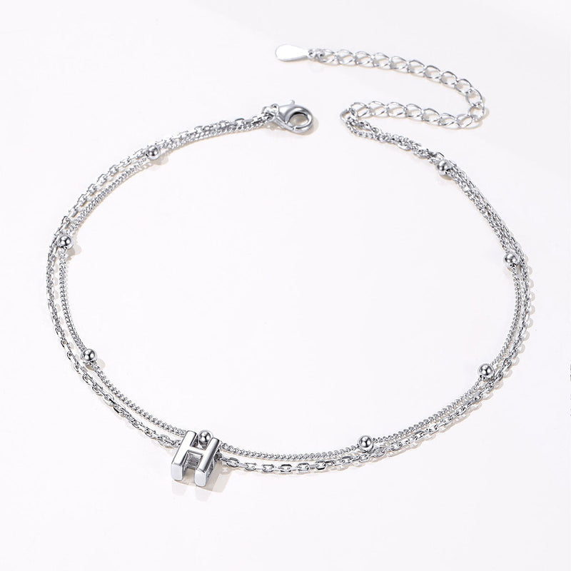 925 Sterling Silver Bead Chain Layered Initial Anklets for Girlfriend Gift
