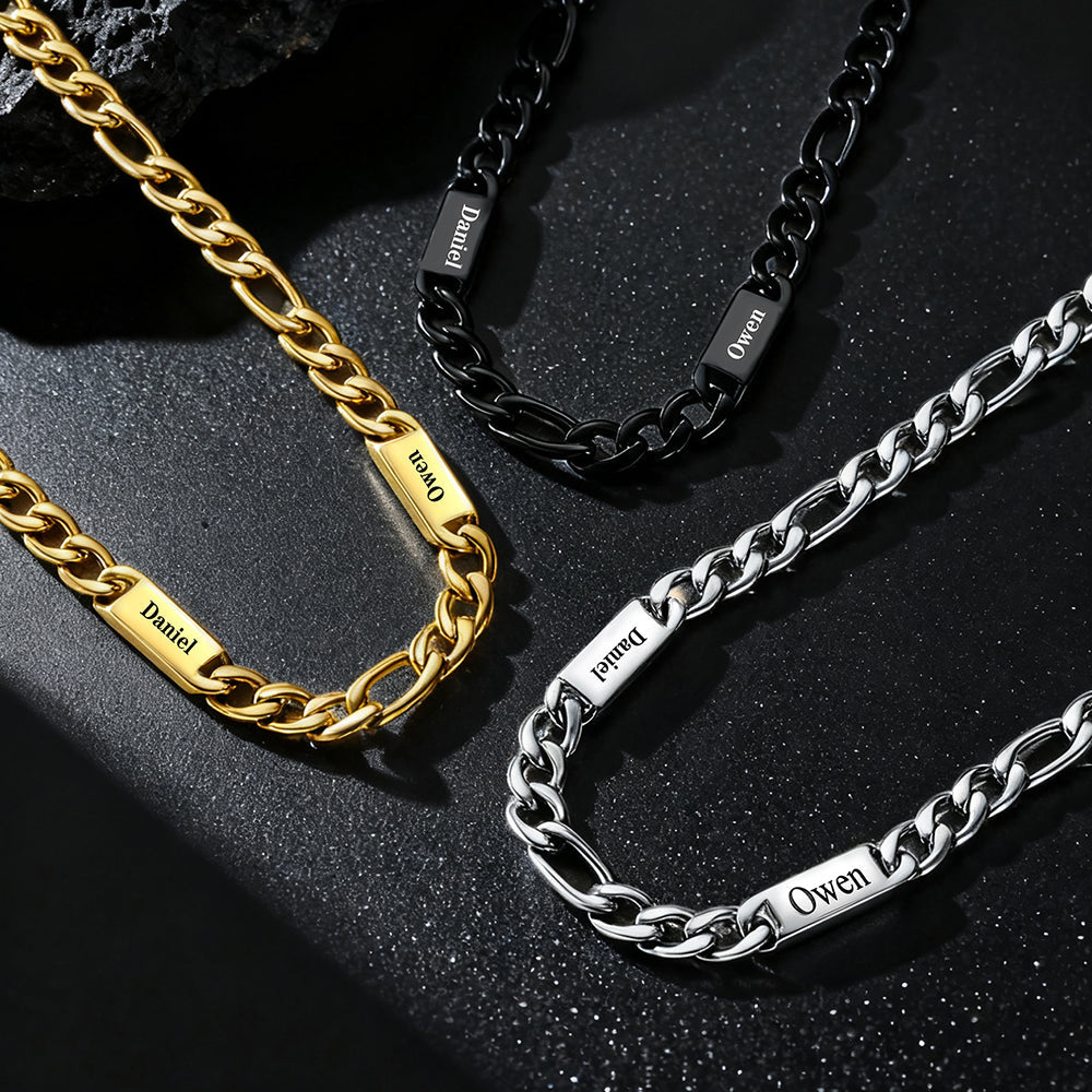 Customized Figaro Chain Engraved Name Necklace for Husband Gift