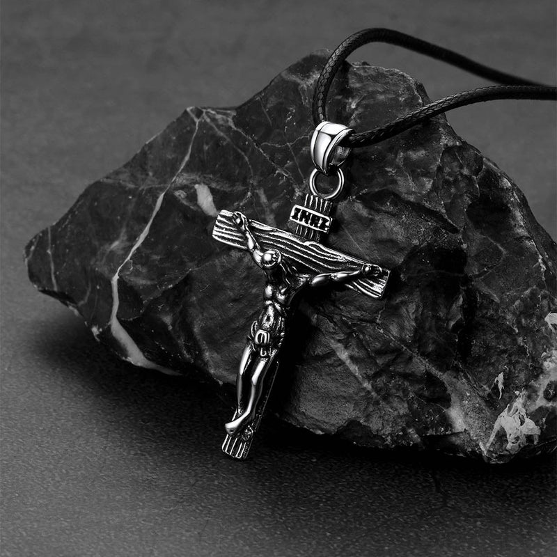 Jesus Crucifix Cross Braided Leather Pendant Necklace for