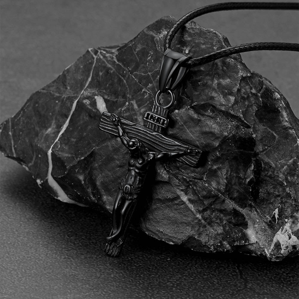 Jesus Crucifix Cross Braided Leather Pendant Necklace for