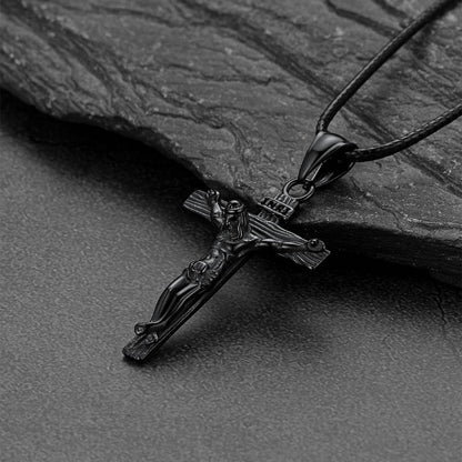 Jesus Crucifix Cross Braided Leather Pendant Necklace for