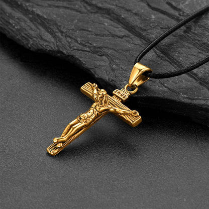 Jesus Crucifix Cross Braided Leather Pendant Necklace for