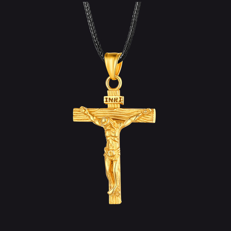 Jesus Crucifix Cross Braided Leather Pendant Necklace for