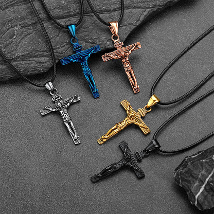 Jesus Crucifix Cross Braided Leather Pendant Necklace for