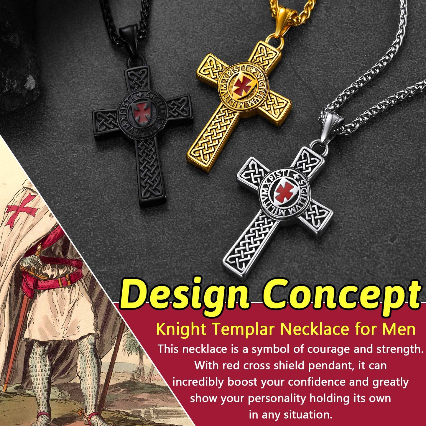 Knights Templar Celtic Cross Pendant Necklace for