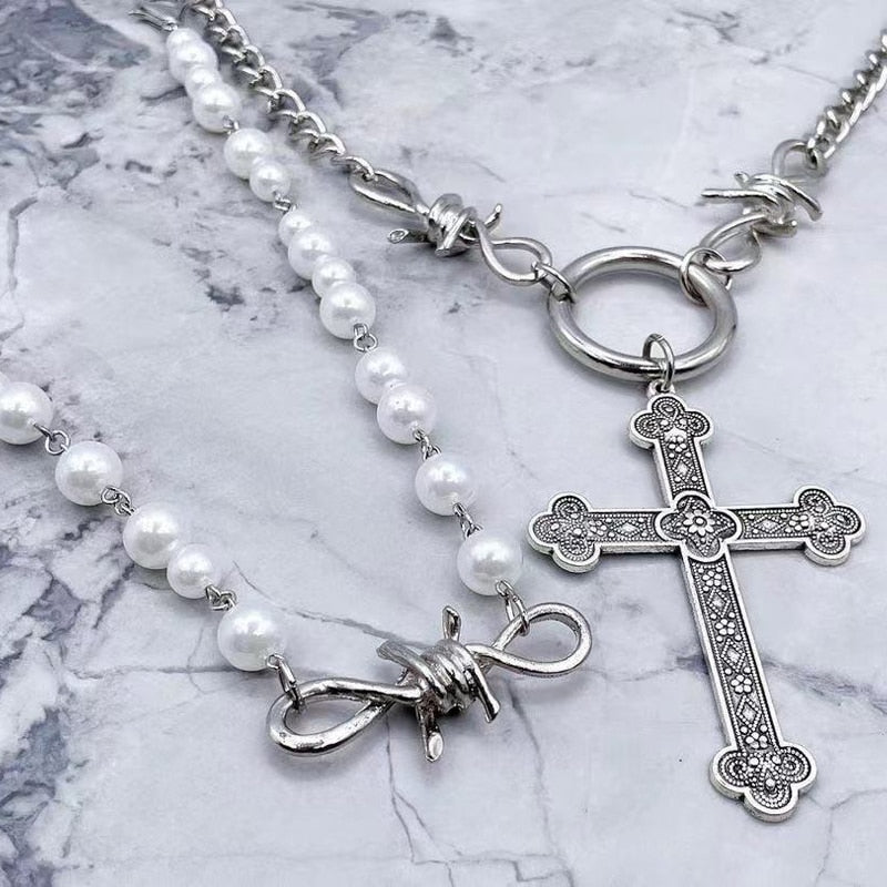 Pearl-cross Necklace Set