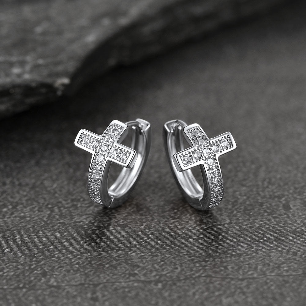 Cubic Zirconia Cross Hoop Earrings for