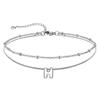 Layered Chain With Beads Bubble Initial Anklets for Mom Gift