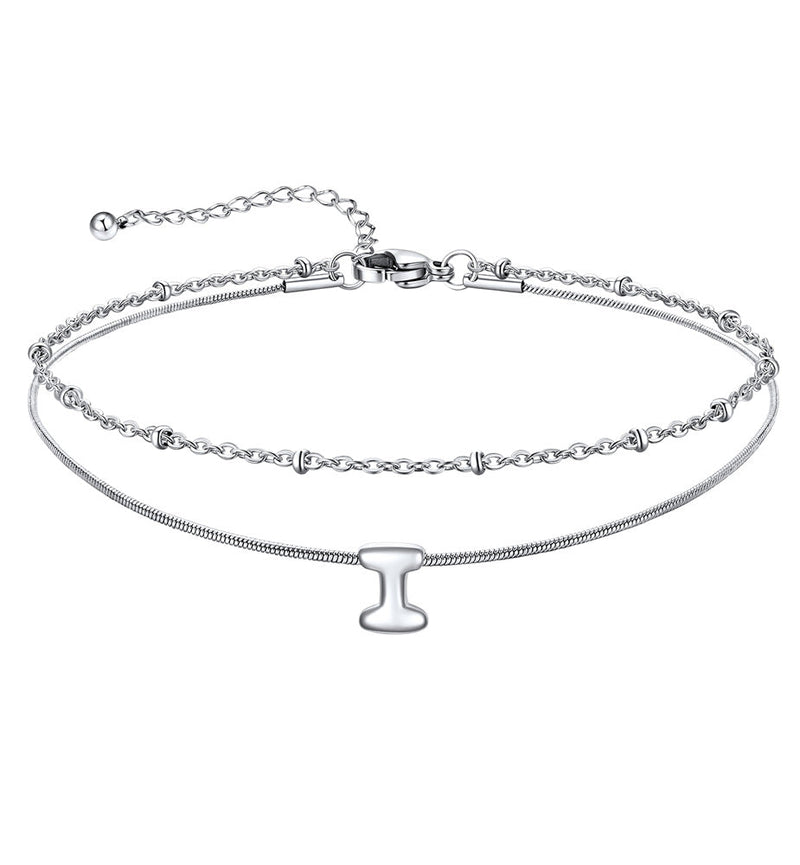 Layered Chain With Beads Bubble Initial Anklets for Mom Gift