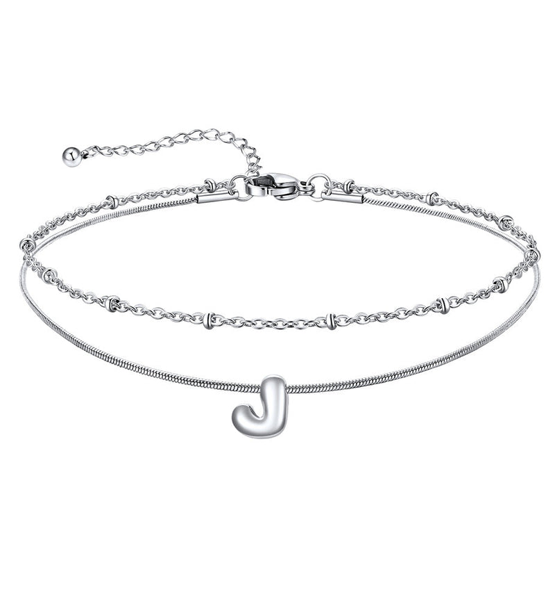 Layered Chain With Beads Bubble Initial Anklets for Mom Gift