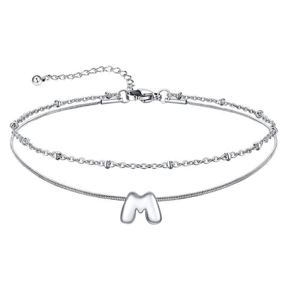 Layered Chain With Beads Bubble Initial Anklets for Mom Gift